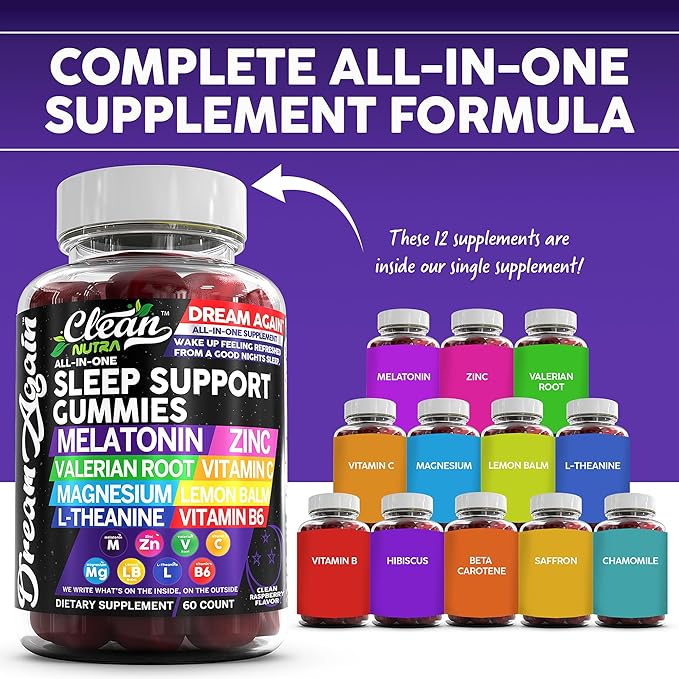 Clean Nutra Melatonin Gummies 10mg | Sleep Aid Valerian Root L-Theanine Vitamin B6 C Lemon Balm Magnesium Hibiscus Beta Carotene Saffron &amp Chamomile Rest Support Supplement Raspberry Flavor