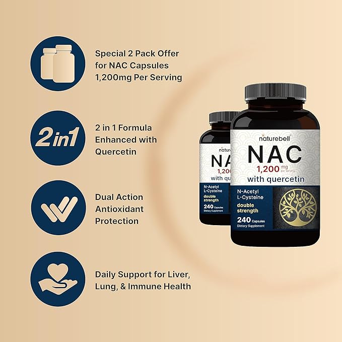 2 Pack NAC Supplement (N-Acetyl Cysteine) with Quercetin 1200mg Per Serving 480 Capsules | Double Strength Antioxidant Support for Immune Liver &amp Lung Health – Non-GMO