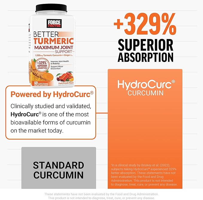 Force Factor Better Turmeric Maximum Joint Support 1075mg Curcumin + Smarter Greens Superfood Greens and Superfoods 120 Soft Chews