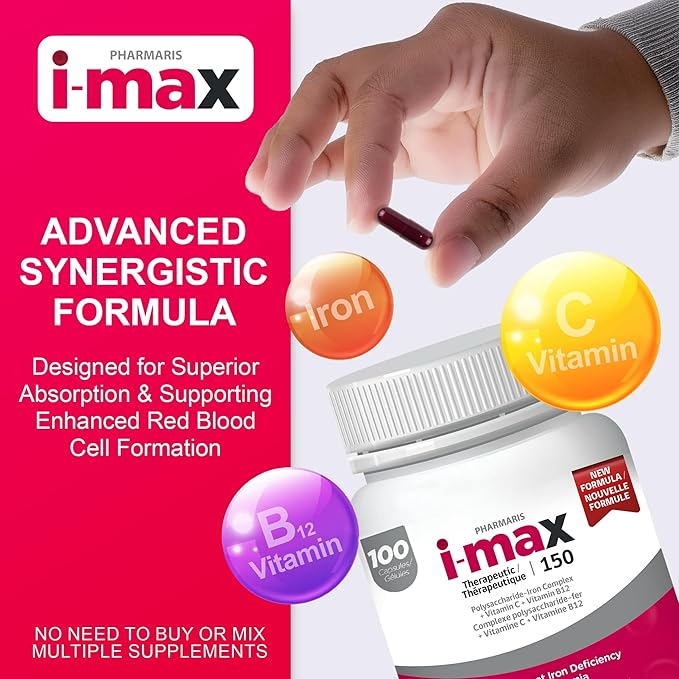 i-max Iron Supplement 150 mg Vitamin C 250 mg &amp B12 1000 mcg Iron Supplement Treatment for Women &amp Men Once Daily 100 Capsules