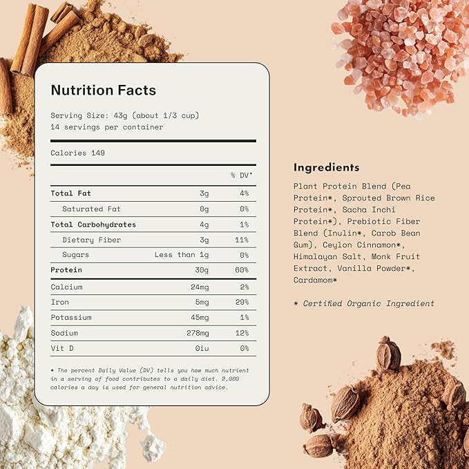 Synchro Genesis Plant Based Protein Powder | Vanilla Spice | 30g of Organic Protein Per Serving | &lt1g Sugar | 1g Net Carbs | No Stevia | Superfoods + Prebiotics | Vegan + Keto Friendly