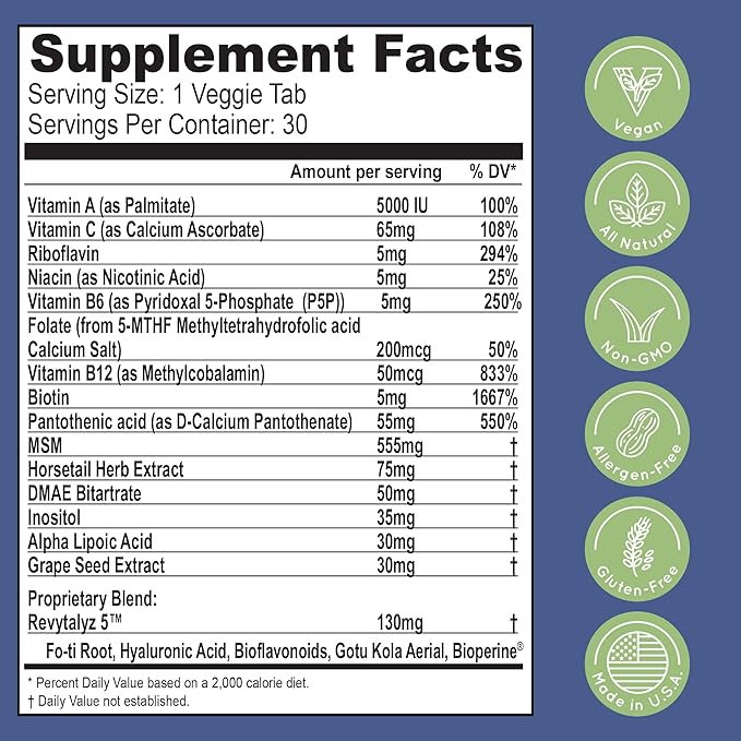 Essential Source Biotin (Biotina Vitaminas) - Hair Skin Nails Vitamins for Women &amp Men - 5000 mcg - Hair Growth Support Supplements - 30 Tablets - with Revytalyz 5 Vitamin A C B12 - Made in USA