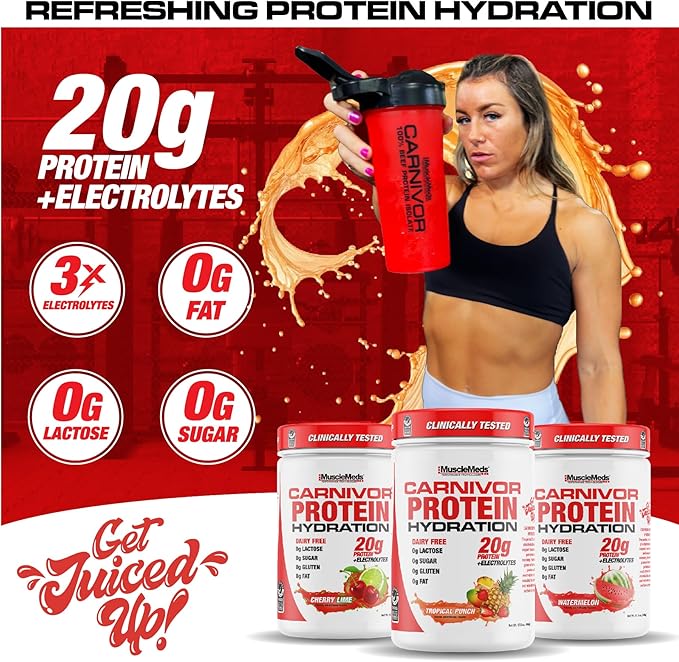 MuscleMeds Carnivor Protein Hydration Drink Powder 20g Refreshing Protein Isolate Lactose Free Sugar Free Electrolytes Muscle Building Recovery Halal Certified Tropical Punch 20 Serve