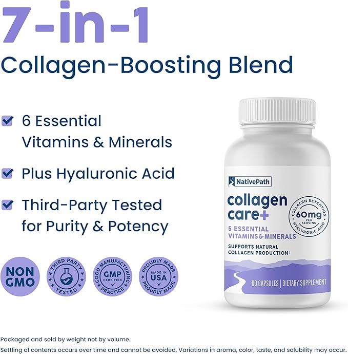 NativePath Collagen Care+ 5 Vitamin Blend with Hyaluronic Acid and Boron that Supports Collagen for Men and Women 60 Capsules