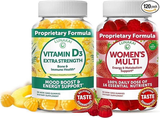 Lunakai Vitamin D3 Gummies and Women's Multivitamin Gummies Bundle - Immunity Bone and Mood Support Supplement - 100% Daily Value of 16 Essential Vitamins and Minerals Healthy Gummy - 30 Days Supply