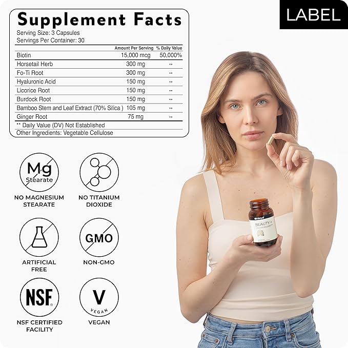 Blisque - Natural Beauty Supplement for Nail Strength Hair Growth and Skin Care | with Biotin &amp Hyaluronic Acid | Doctor Approved | Vegan and Non-GMO | 90 Capsules