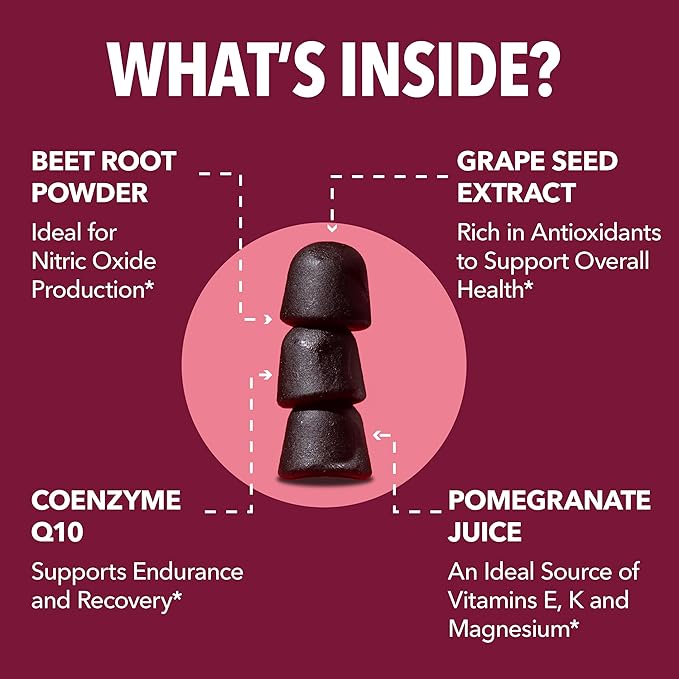 Beet Root Gummies with COQ10 &amp Pomegranate - Nitric Oxide Supplement for Men and Women - Beetroot for Endurance Performance Recovery - Vegan Non-GMO Gluten Free - Mixed Berry Flavor 120 Count