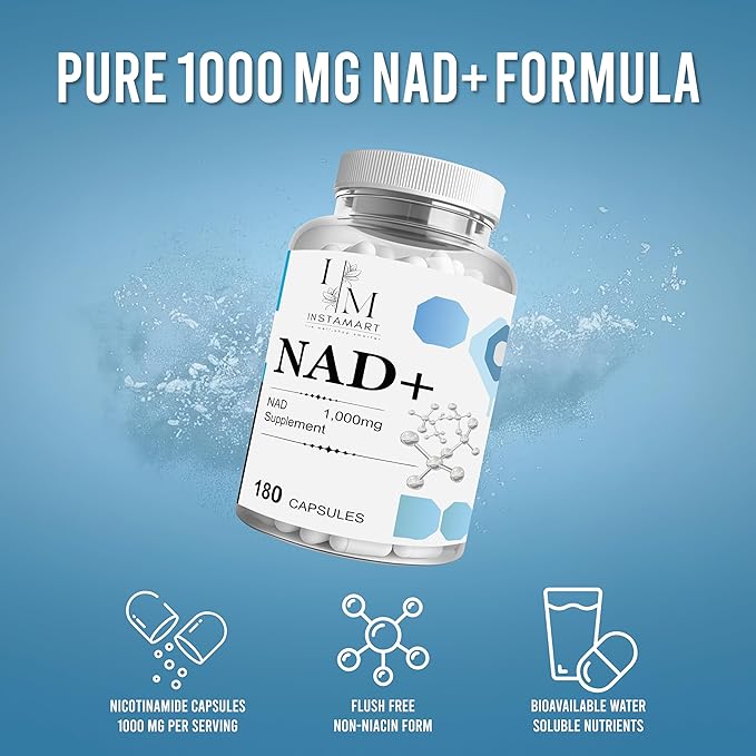 INSTAMART NAD Supplements for Women &amp Men (180 Capsules) Organic NAD + Supplement 1000mg Serving | Similar to Nicotinamide Riboside | Advanced Formula for Cellular Health Stamina &amp Healthy Ag