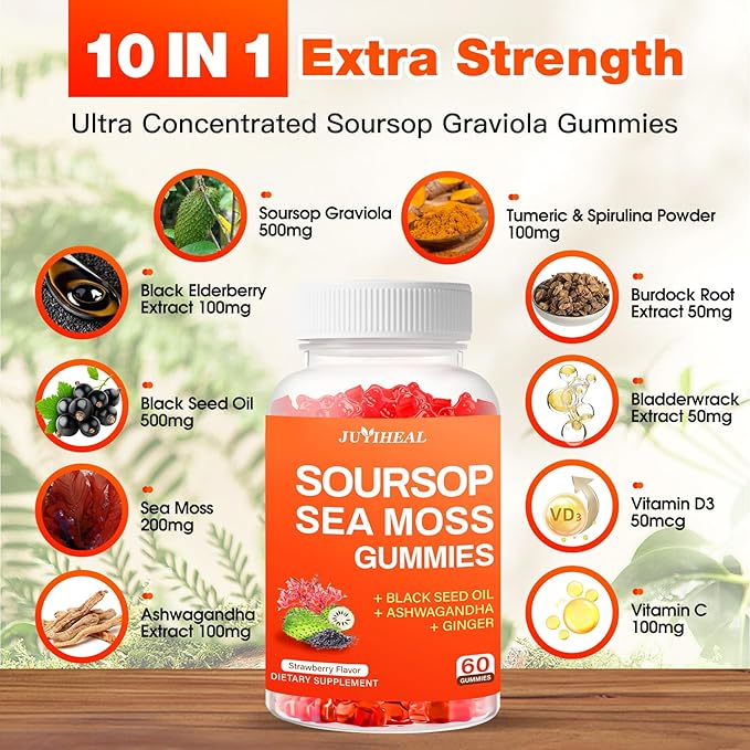 10-in-1 Soursop Graviola with Sea Moss Gummies Soursop Leaves Extract with Vitamin C Zinc for Immunity and Antioxidant Gluten Free Vegan 60 Gummies 2Pack