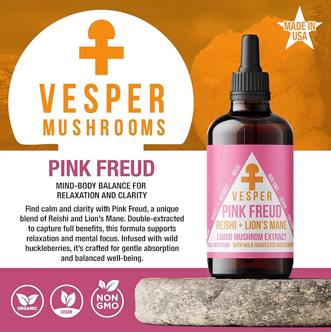 Vesper Pink Freud Mushroom Liquid Extract - Reishi &amp Lion’s Mane Blend with Wild Huckleberries for Immunomodulation Neurogenesis and Mood Support USA-Grown for Calm &amp Mental Clarity – 4oz