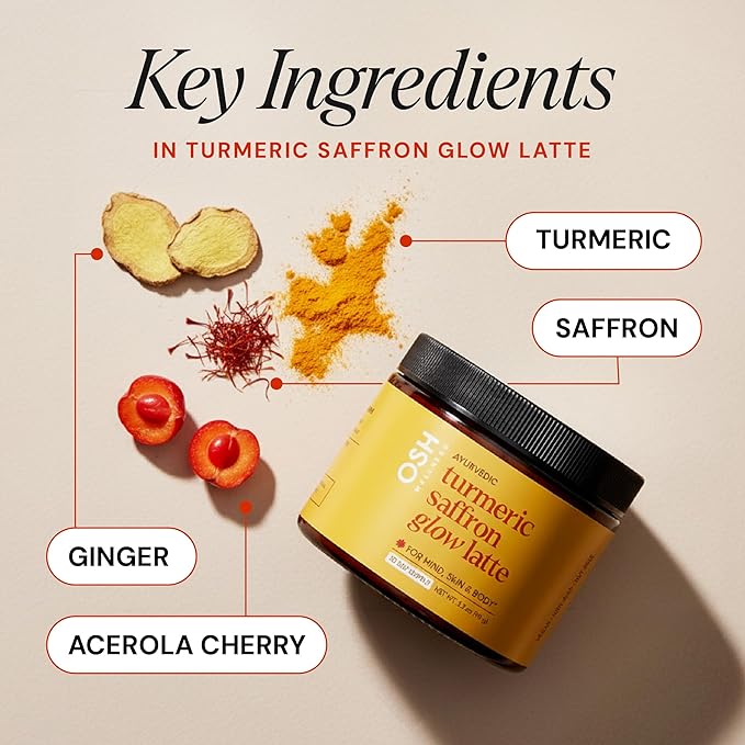 Turmeric Saffron Glow Latte | Calm Nights &amp Radiance Support* | Golden Milk with Kashmiri Saffron Ginger Turmeric &amp Acerola Vitamin C | Caffeine-Free Daily Ritual | Ayurvedic Drink Mix