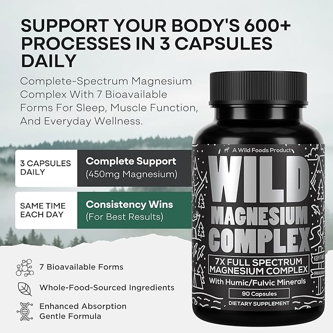 Wild Foods Magnesium Complex Supplement with 7X Forms 90 Capsules | High Absorption Full Spectrum Easy Digestion | 500mg Glycinate Bisglycinate Malate Orotate Citrate Taurate