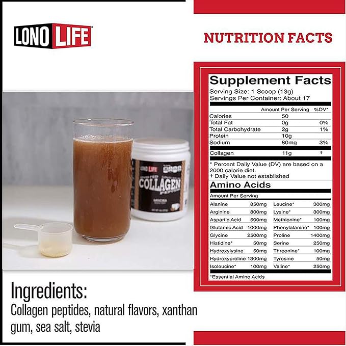 LonoLife - Mocha Collagen Peptides with 10g Protein Paleo and Keto Friendly 8-Ounce Bulk Container - Packaging May Vary