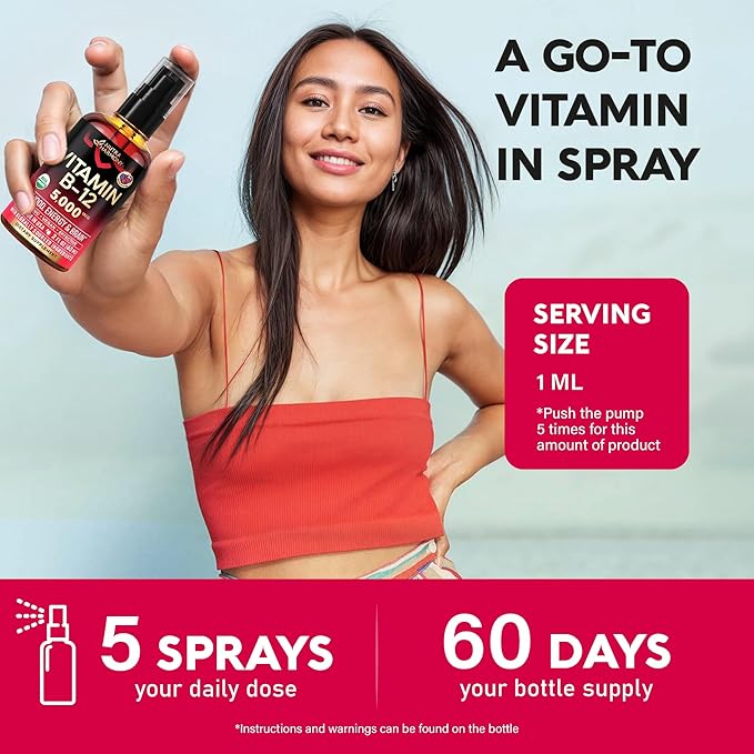 USDA Organic Vitamin B12 Sublingual Spray - 5000 mcg Liquid Vegan Methylcobalamin for Women &amp Men - Energy Boost Focus &amp Mood Brain Health Support - Maximize Absorption - 2 Month Supply 2 f