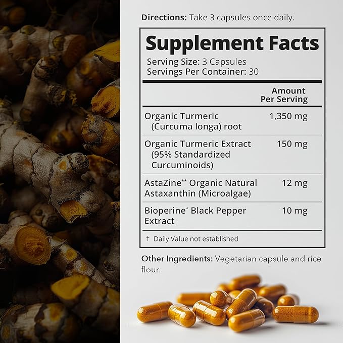 Organic Body &amp Mind Supplement: Astaxanthin with Turmeric Curcumin Antioxidant Powerhouse and Organic Mushroom Nootropic Adaptogen for Calming Focus