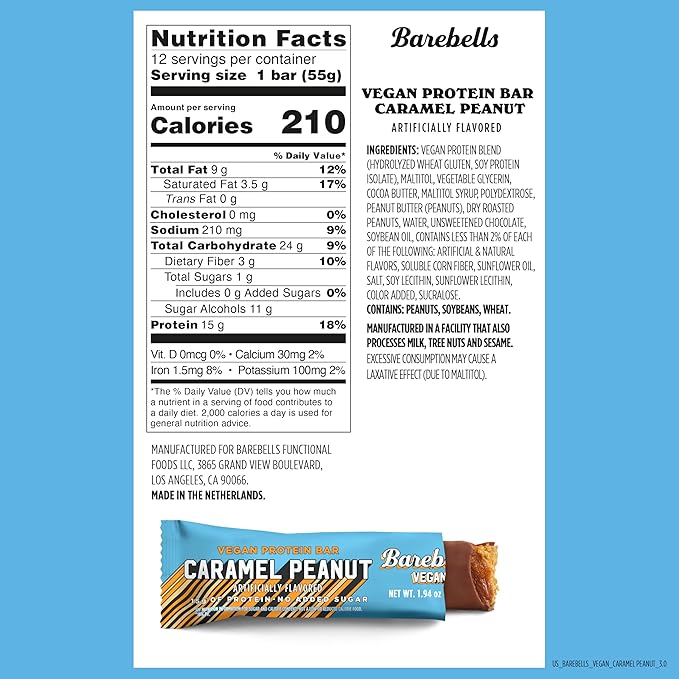 Barebells Vegan Protein Bars Peanut Caramel Plant Based with High Protein - Chocolate Protein Bars - Perfect on The Go Protein Snack &amp Breakfast Bars 12 Count (Pack of 1)