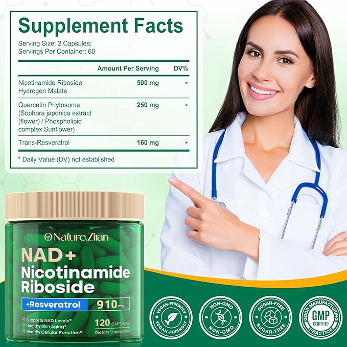 NAD Supplement NAD Nicotinamide Riboside 910 Mg for Men and Women Liposomal Nicotinamide Riboside Resveratrol for Anti-Aging Energy Focus Boost NAD+ - 120 Capsules