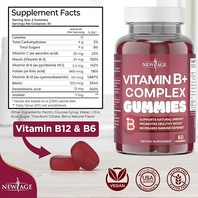 NEW AGE Vitamin B Complex Gummies with Vitamin B3 B6 &amp B12 – with Biotin Folic Acid &amp Vitamin C – Gluten-Free Vegan Made in The USA! (180 Count (Pack of 3))
