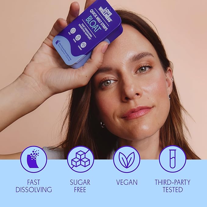 Love Wellness Bloat* Quick Melt Strips - Fast-Dissolving Digestive Support with Mint Fennel and Caraway - Helps Ease Occasional Bloating* - No Water Needed - Vegan and Sugar Free - 32 Strips
