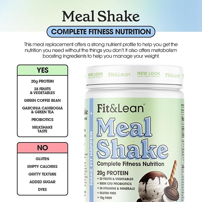 Fit &amp Lean Meal Shake Fat Burning Meal Replacement Meal Replacement with Protein Fiber Probiotics and Organic Fruits &amp Vegetables Cookies and Cream 1lb 10 Servings Per Container