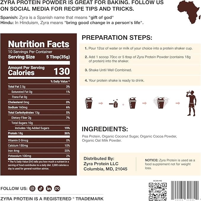 Zyra Pea Protein Powder Chocolate – 18g Plant Based Protein Vegan Dairy Free Gluten Free Soy Free Top 9 Allergen Free Low Carb Keto Friendly Smooth Mixing Easy to Digest