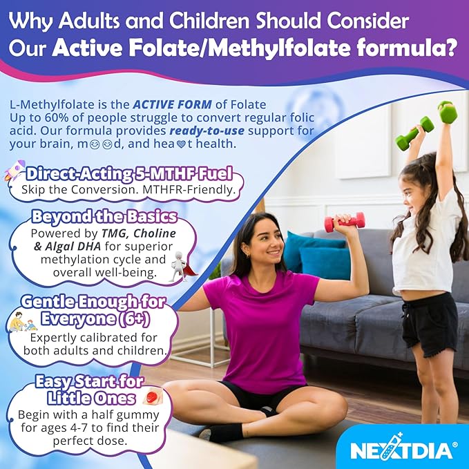 L-Methylfolate 1000 mcg + Methyl B12 Gummies for Kids &amp Adults - Active 5-MTHF w/Omega-3 DHA &amp EPA(3:1) Choline &amp TMG B6 Supports MTHFR Gene Brain Energy &amp Methylation Sugar fre