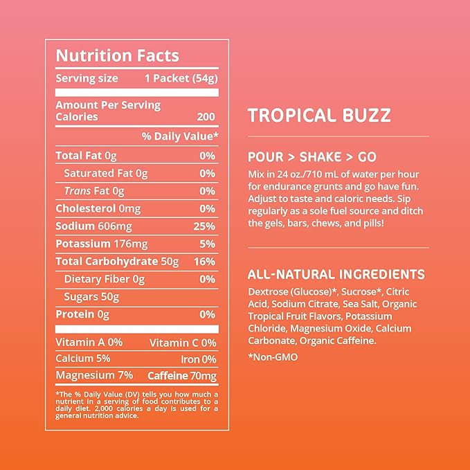 Tailwind Nutrition Endurance Fuel Caffeine Drink Powder Mix Single Serving with Electrolytes Non-GMO Free of Soy Dairy and Gluten Vegan-Friendly Tropical Buzz Pack of 12