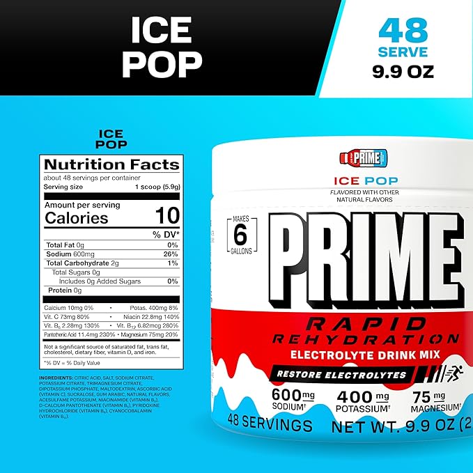 Prime Rapid Rehydration Electrolyte Powder Ice Pop Sugar Free Hydration Drink Mix with Sodium Potassium Magnesium &amp B Vitamins to Replenish Fluids Caffeine Free 6 Gallon Tub 48 SRV