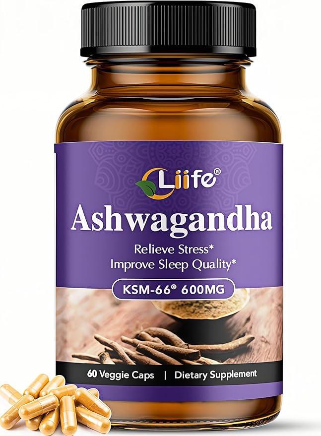LIIFE KSM-66 Ashwagandha 600mg | with L-Theanine &ampBlack Pepper| Natural Stress Relief Cortisol &amp Sleep Aid Supplement for Men &amp Women | Muscle Growth &amp Mood Relaxation Energy |60 Veg