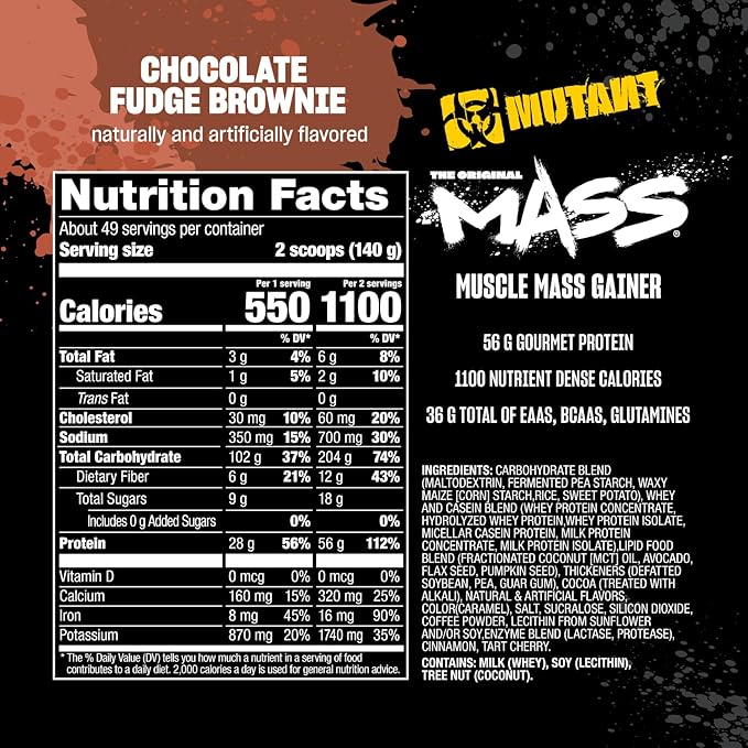 Mutant Mass Weight Gainer Protein Powder - High Calorie Protein for Lean Mass Muscle Build &amp Bulking - 5 Pound - Chocolate Fudge Brownie