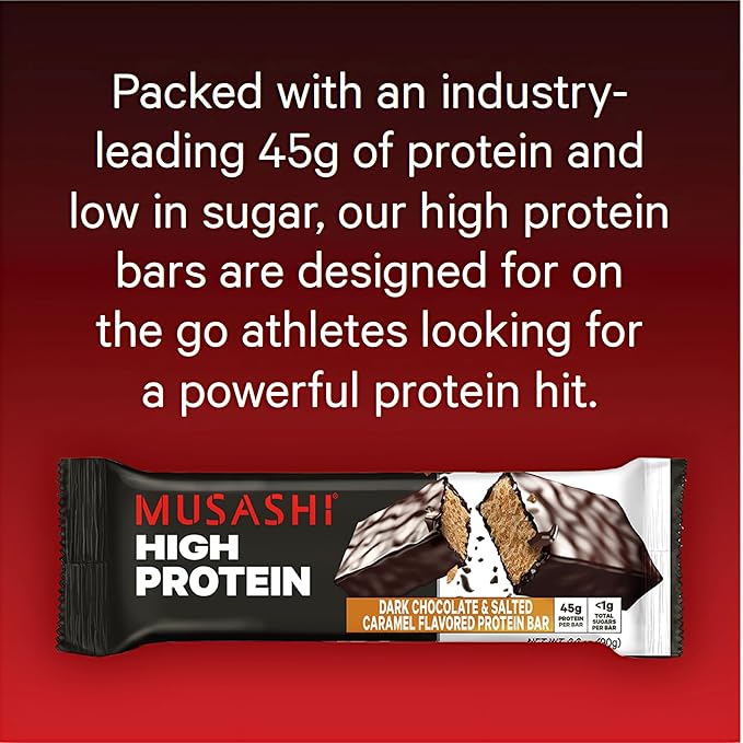 MUSASHI High Protein Bar 45g Protein &lt1g Total Sugars Dark Chocolate &amp Salted Caramel Post Workout and Protein Snack On The Go 12 Pack of 3.2oz (90g) Bars