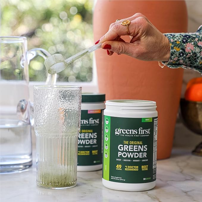 Greens First Original Greens Powder - 49 Superfoods - Organic Fruits &amp Veggies - Prebiotics Probiotics &amp Digestive Enzymes - Antioxidant Smoothie - Dairy Free/Vegan/Non-GMO (Citrus 60 Servin