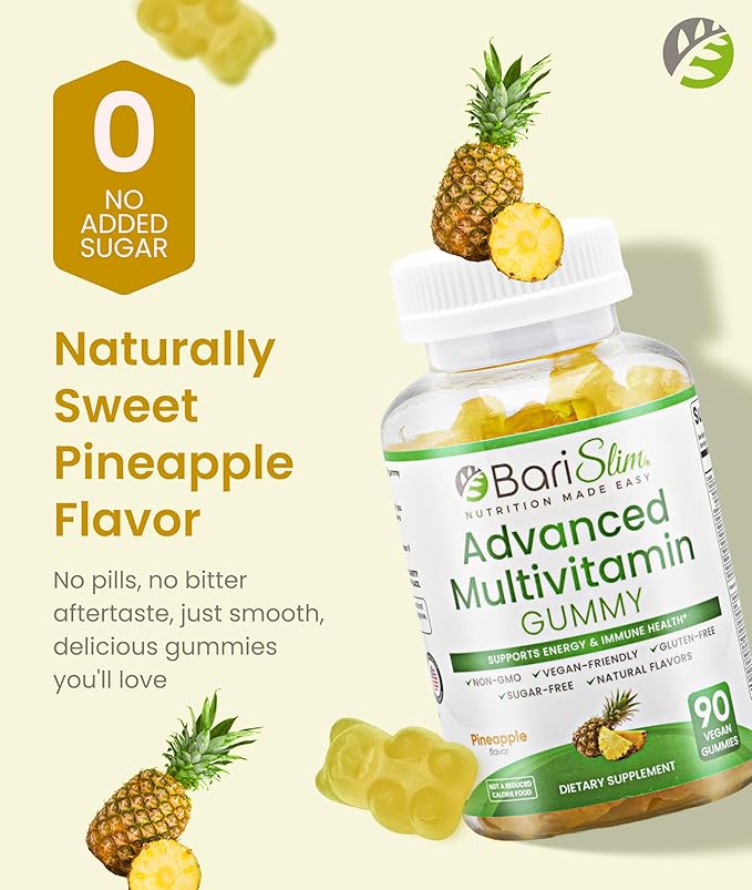 BariSlim Advanced Bariatric Multivitamin Gummies - Specially Formulated Bariatric Vitamins for Patients After Weight Loss Surgery - Supports Energy &amp Immune Health | Pineapple (90 Vegan Gummies)