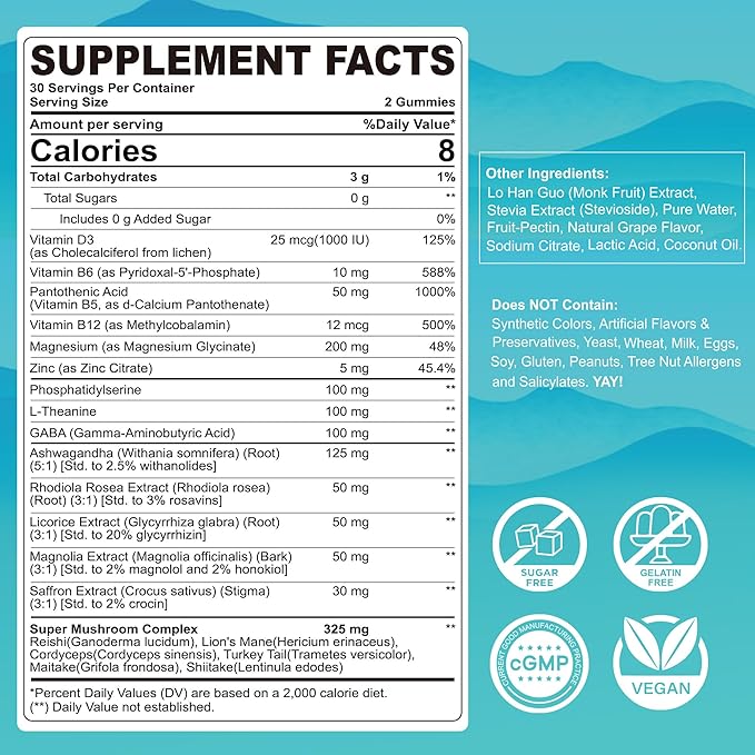 Cortisol Gummies for Women &amp Men Sugar Free Cortisol Reducer Supplements w/ Magnesium Ashwagandha Mushroom L-theanine Rhodiola Vitamin B6 B12 for Cortisol Detox Relax Sleep Support 2 Pack