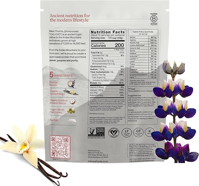 Mikuna Vegan Protein Powder (Vanilla 15 Servings) - Plant Based Chocho Superfood Protein - Dairy Free Protein Powder Packed with Vitamins Minerals &amp Fiber - Gluten Keto &amp Lectin-Free