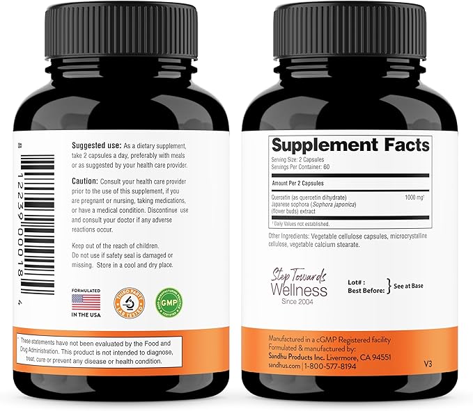 Quercetin 500mg Vegetarian Capsules 240 Count | 1000mg Per Serving of 2 Capsules | Immune Support Supplements For Respiratory Cellular Health &amp Seasonal Allergies | Quercitin for Men &amp Women
