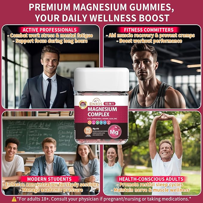 15-in-1 Magnesium Complex Gummies 350 mg/Serv with Ashwagandha RootVitamin D3L-TheanineZinc GluconateCoQ10 Stress Relief Glycinate Gummy Sugar Free Chews Supplement for Adults Sleep (Raspberry)