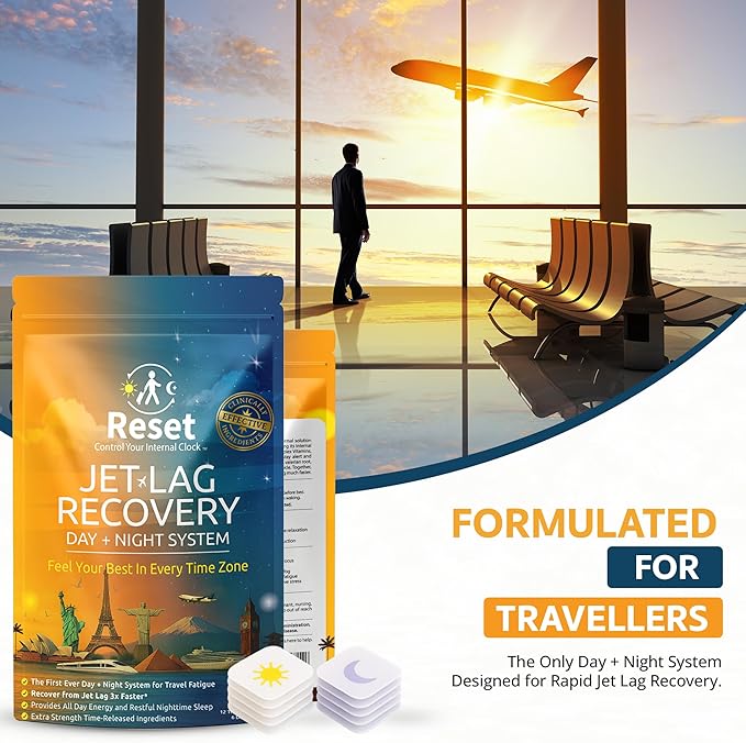 Reset Jet Lag Recovery System | Day and Night Transdermal Patches with Extra Strength Melatonin Magnesium and B Vitamins | Travel Fatigue Relief Sleep Support | Energy Boost | Family Travel - 3pk