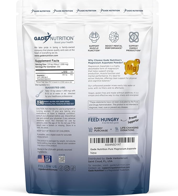 Gade Nutrition Pure Magnesium Aspartate Powder | 250g 1000mg per Serving 250 Servings | Non-GMO Gluten-Free Filler Free Highly Absorbable | USA Made