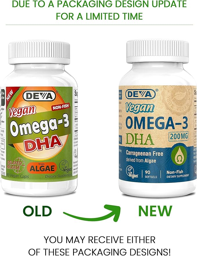 Deva Vegan Omega-3 DHA Supplement - Once-Per-Day Softgels 200 MG - Carrageenan Free - Gelatin Free - Non-Fish - Algae Oil Omega-3 Fatty Acids - 90 Softgels