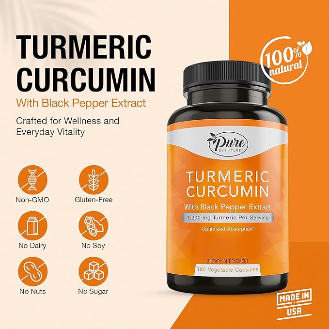 Pure By Nature Turmeric Curcumin with Black Pepper Extract 10 mg Capsules 1200 mg per Serving Organic High Absorption Antioxidant Support (180 Count)