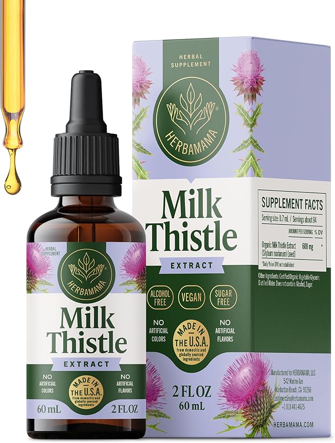 HERBAMAMA Milk Thistle Drops - Vegan Liver Support with Milk Thistle Extract Tincture - Non-GMO Alcohol &amp Sugar-Free Liver Detox and Cleanse Supplement 28-Day Supply