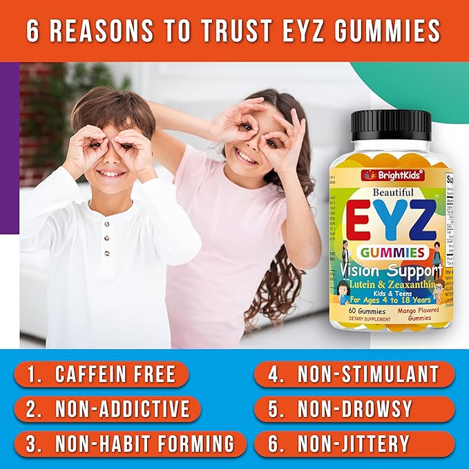 BrightKids Eye Health Gummies for Kids &amp Teens – Lutein &amp Zeaxanthin Vision Support – Vegan Non-GMO Eye Vitamins for Screen Time – Tasty Mango Flavor – 60 Gummies