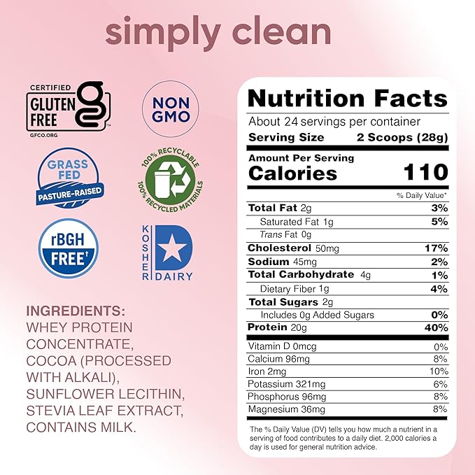 simply tera's Pure Whey Protein Powder - Dark Chocolate Clean Protein Powder Grass Fed Whey Protein Powder Without Artificial Sweeteners Clean Label Non-GMO Kosher rBGH-Free - 24 Oz