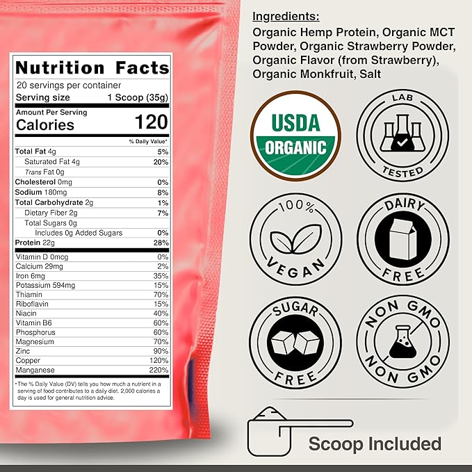 Organic Plant Based Protein Powder - 100% Hemp Protein Vegan Shake Mix - Lactose Dairy &amp Gluten Free Clean Natural Strawberry (20 Servings)