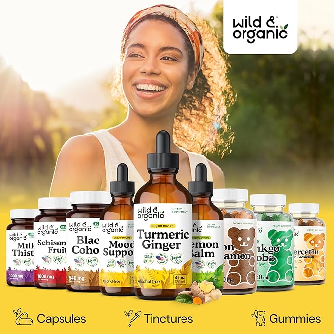 Wild &amp Organic Turmeric and Ginger Supplement Drops - Joint &amp Immune Support - Liquid Turmeric Curcumin with Black Pepper and Ginger - Curcumin Supplement - Vegan Sugar &amp Alcohol-Free Tin