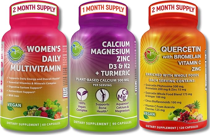 Plant-Based Immune Bone &amp Energy Support Bundle – Quercetin with Bromelain Vitamin C &amp Zinc + Calcium Magnesium with D3 K2 &amp Turmeric + Women’s Multivitamin with Iron &amp Organic Supe
