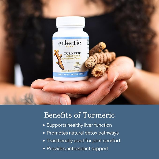 Eclectic Herb - Organic Turmeric Capsules | Musculoskeletal System &amp Joint Health Support | Herbal Supplement | Vegan Non-GMO Gluten Free Freeze-Dried (90 CT | 395 mg)