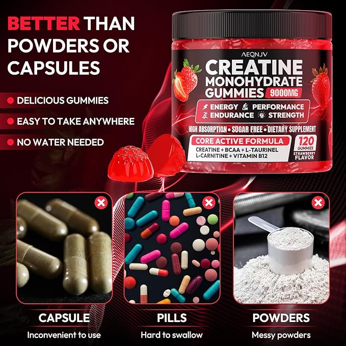 Creatine Gummies Monohydrate Complex 9000MG Chewable Creatine Monohydrate Gummies for Men &amp Women with L-Taurine BCAA 2:1 B12/6 Building Muscle Strength and Boost Focus 30 Days Supply