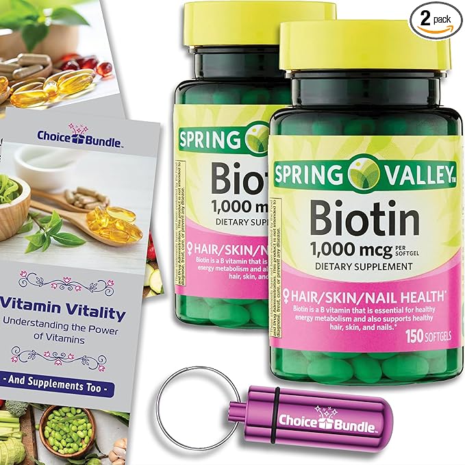 Choice Bundle Spring Valley Biotin Softgels 1000mcg Dietary Supplement for Hair Skin Nail Health 150 Ct 2 pk (300 Total) + Vitamin Guide &amp Pill Container (4 Items)!